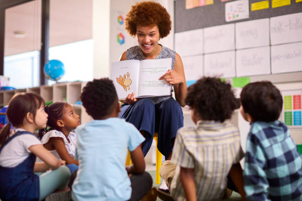Female Teacher Reads To Multi-Cultural Elementary School Pupils Sitting On Floor In Class At School